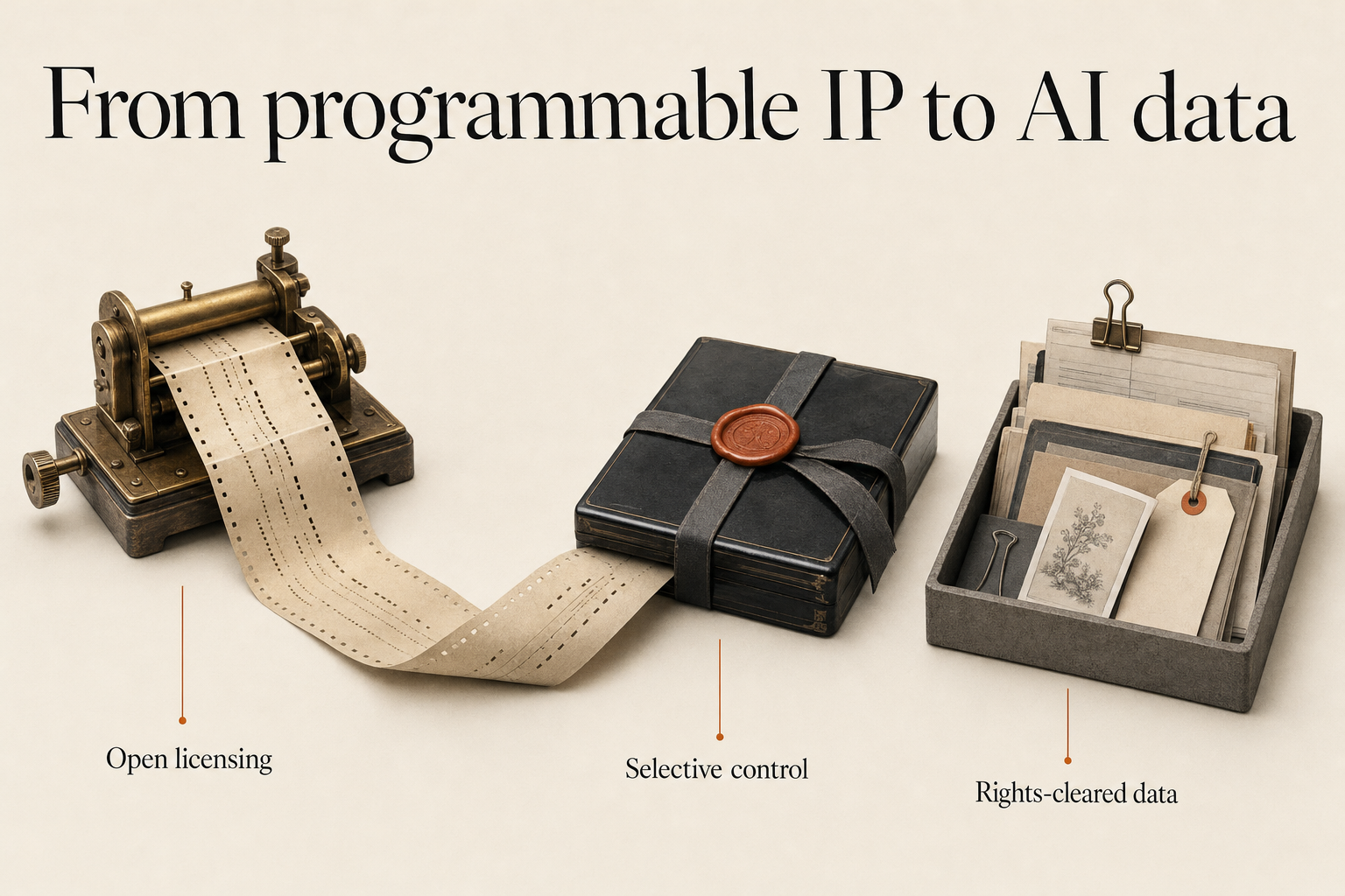 Qualitative editorial illustration of programmable licensing meeting rights-holder control, alongside a tray representing rights-cleared AI data; warm ivory, graphite and burnt-orange palette.