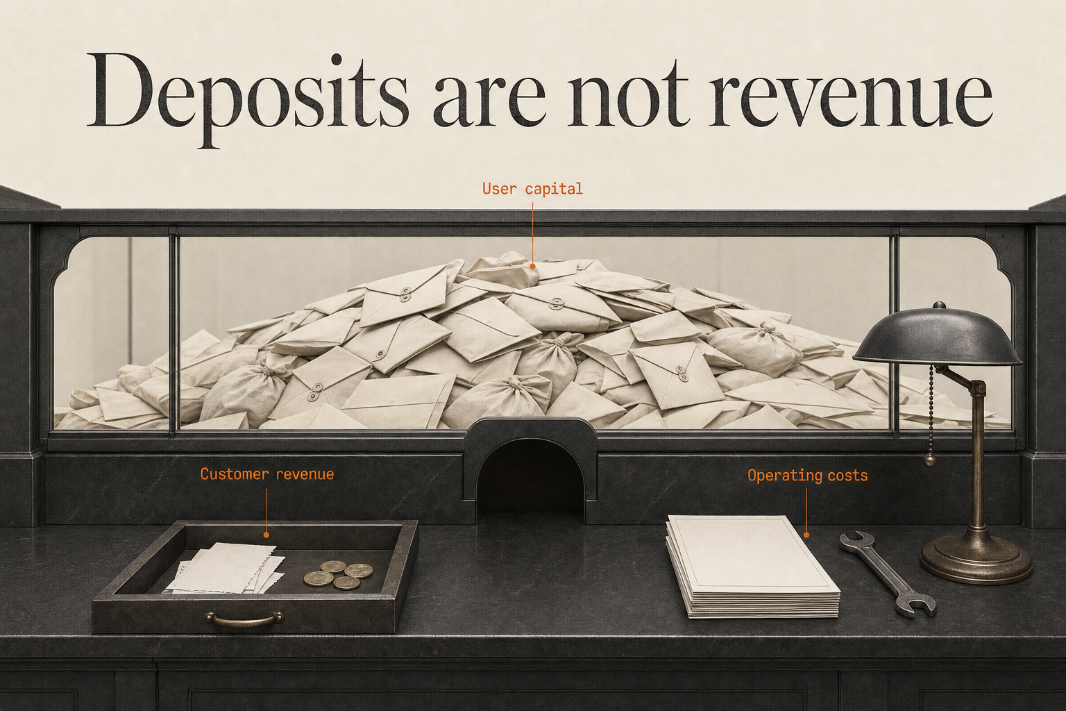 A qualitative, not-to-scale comparison separating customer deposits behind glass from operating revenue and costs on a counter. Deposits do not belong to the operator as revenue.