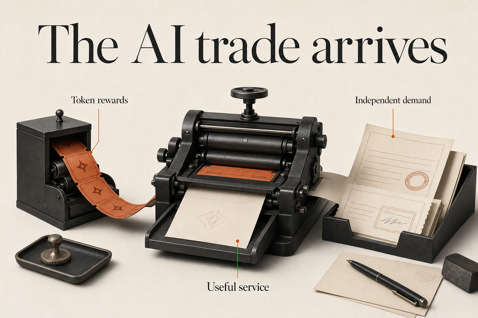A qualitative editorial metaphor distinguishing token-reward coupons from independent customer orders alongside a useful service, without a measured ratio or implication that all decentralized AI lacks demand.