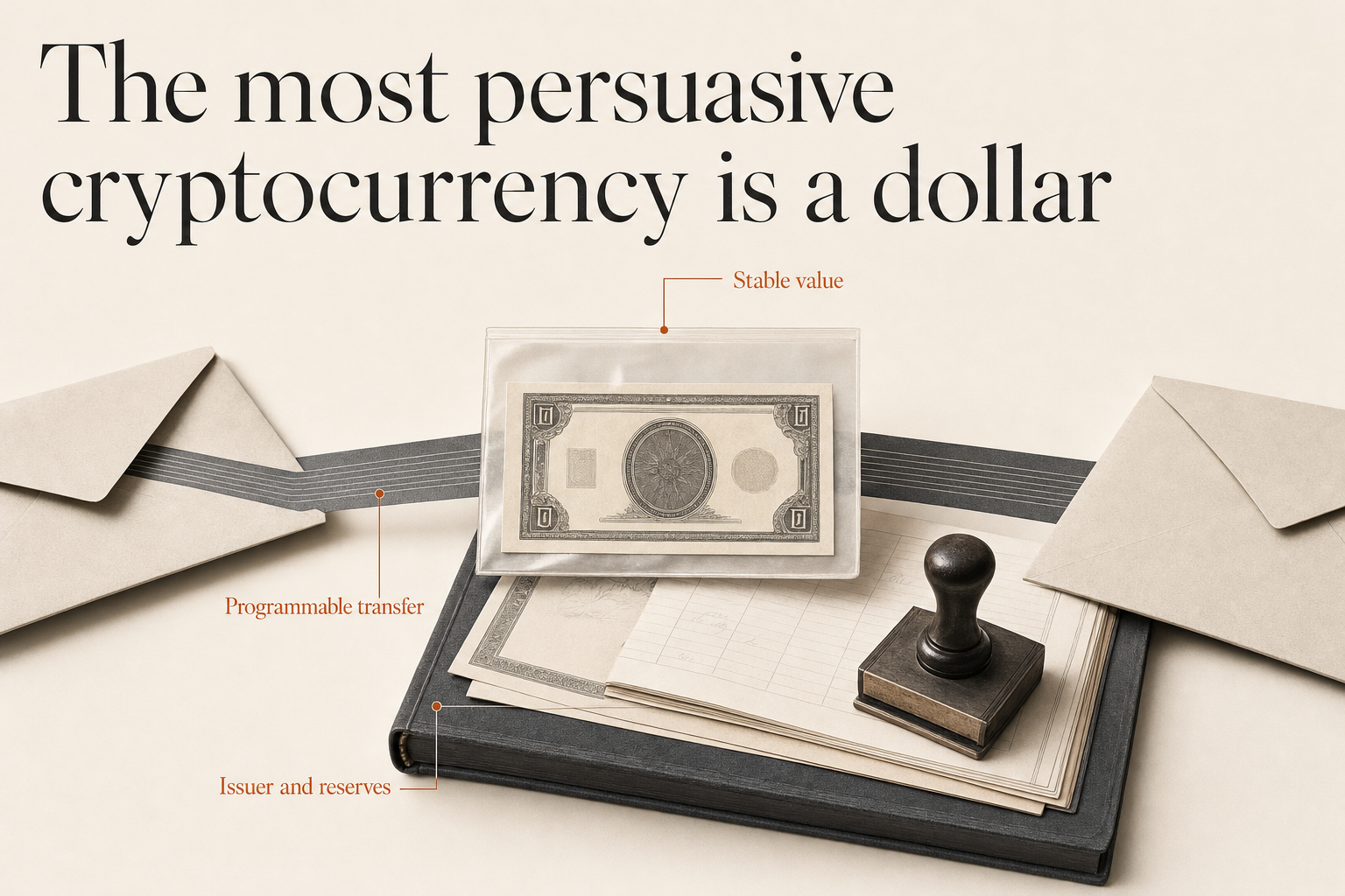 A dollar-denominated claim connects two business envelopes through programmable transfer, while a ledger, reserve papers and issuer stamp show its centralized backing.