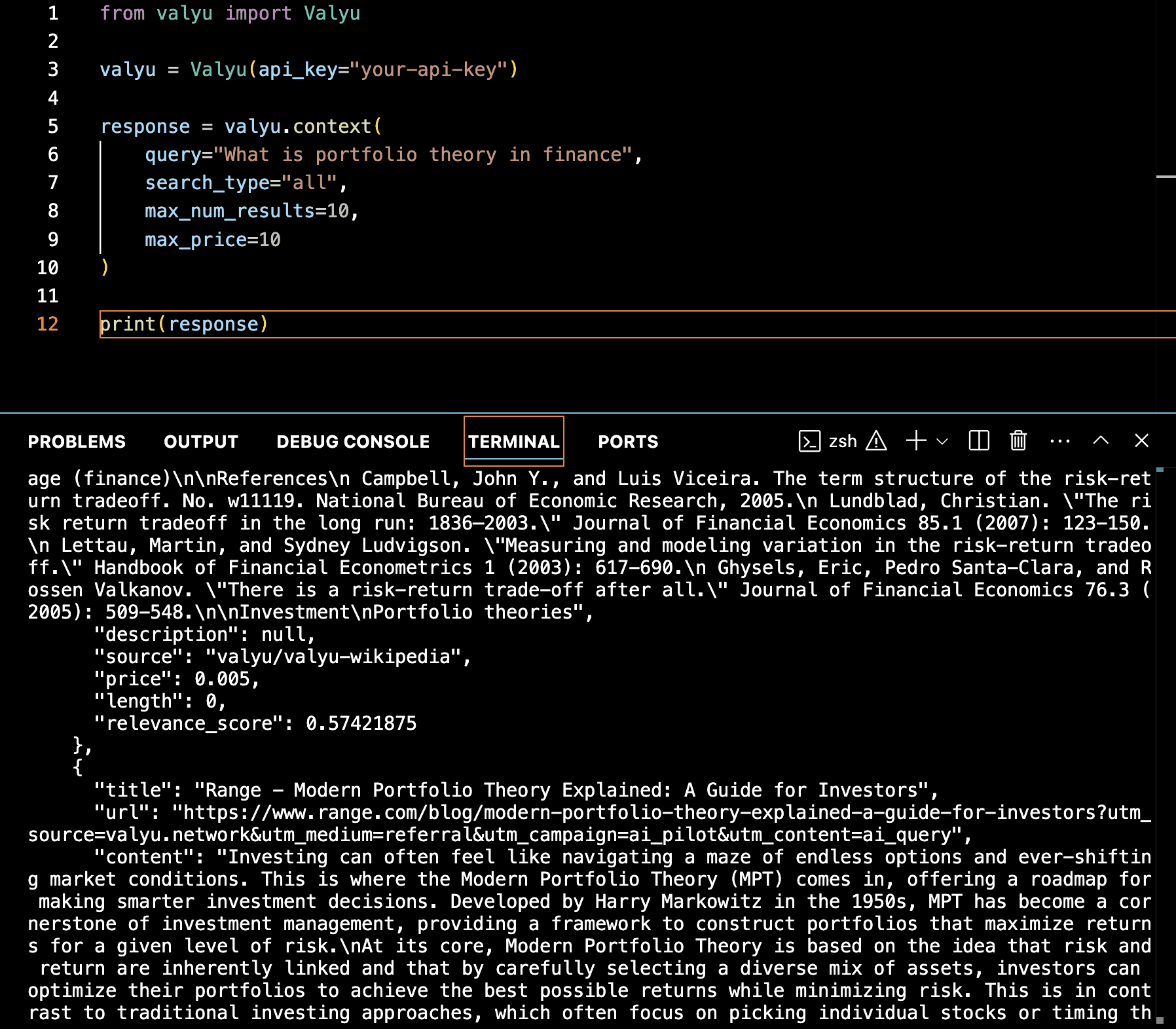 The Valyu SDK in action. Easily access high quality data through the SDK for your AI Applications and Agents.