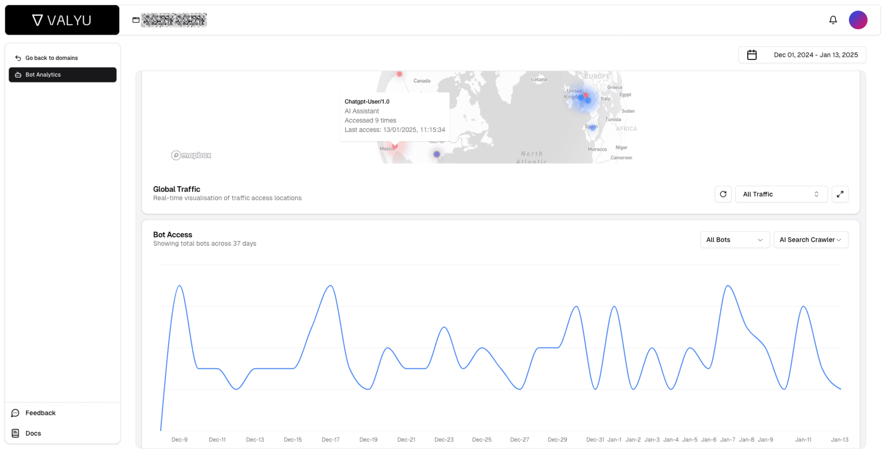 Figure 2: Valyu’s AI Bot Analytics dashboard showing AI Answer Bot Activity on a website. Source: Valyu. 
