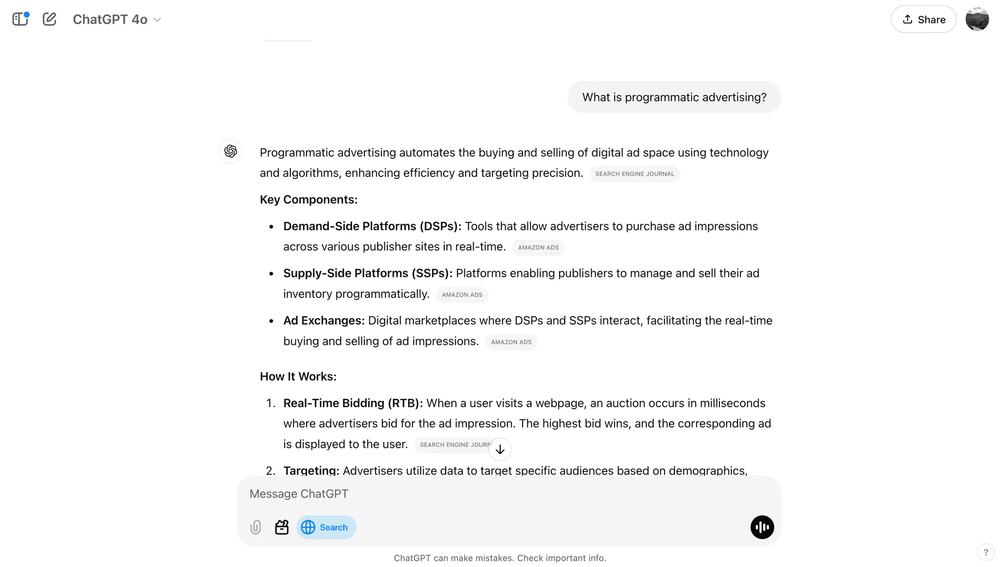 Figure 1: OpenAI’s ChatGPT search showing how it browsed and placed in-line attribution for a search query; users have limited incentive to click on the attribution links. Source: ChatGPT