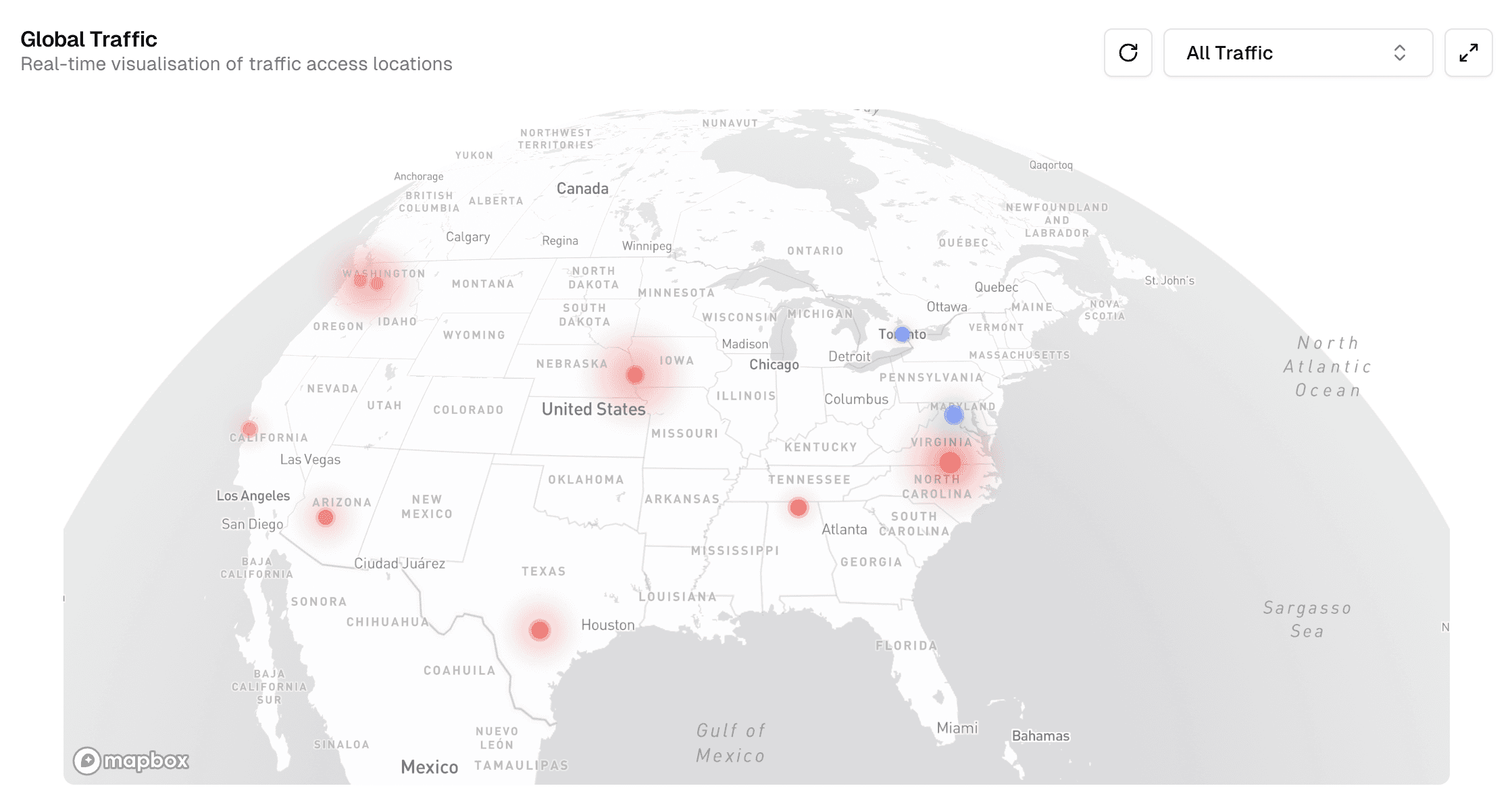Valyu AI Bot Analytics showing bots (red dots) and real users (blue dots) from various locations in the US visiting a website. Source: Valyu.