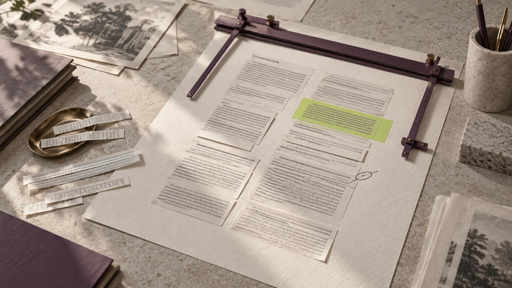 Paper passages arranged and revised on a drafting desk, illustrating an agent editing its working context.