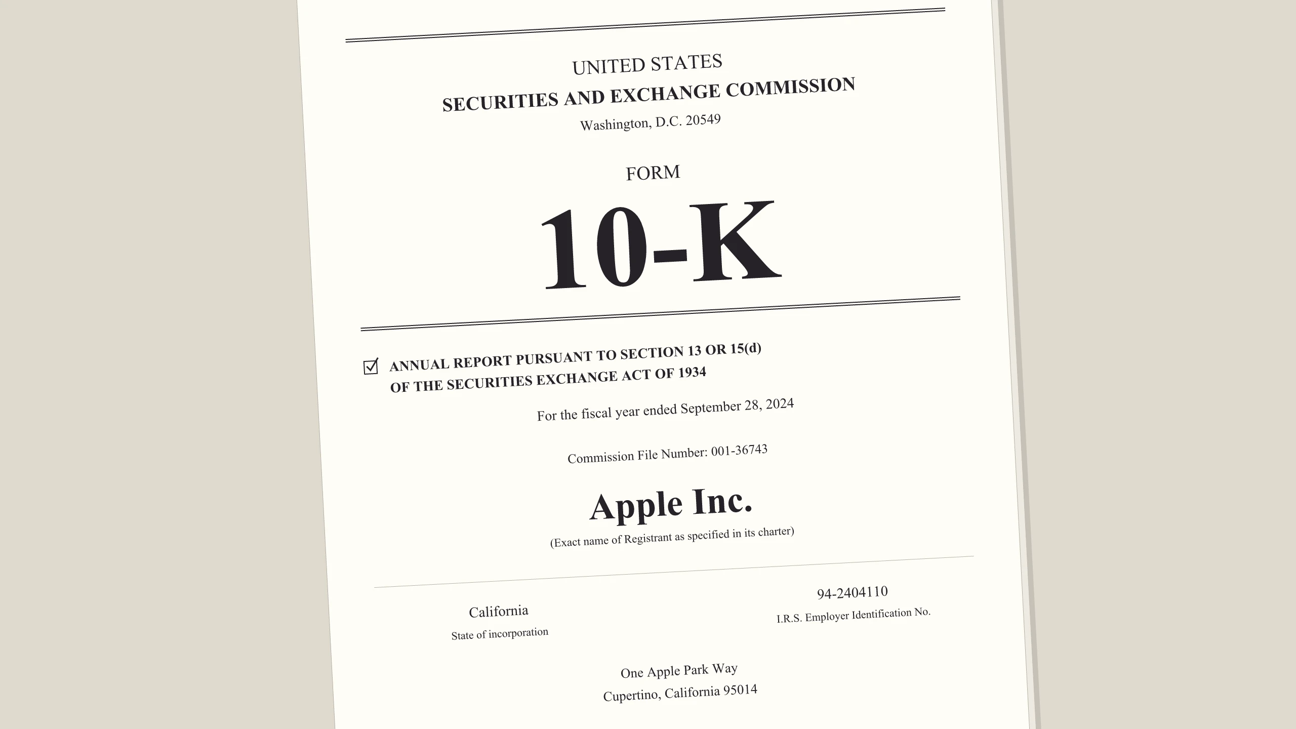 Editorial cover showing the Form 10-K masthead and cover-page details from Apple's fiscal 2024 SEC filing.