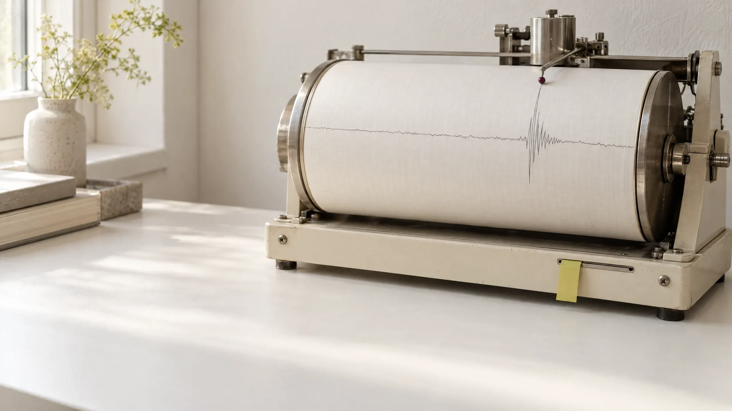 A cream enamel drum seismograph on a white desk in morning light, its paper chart showing a calm line with one sharp spike.