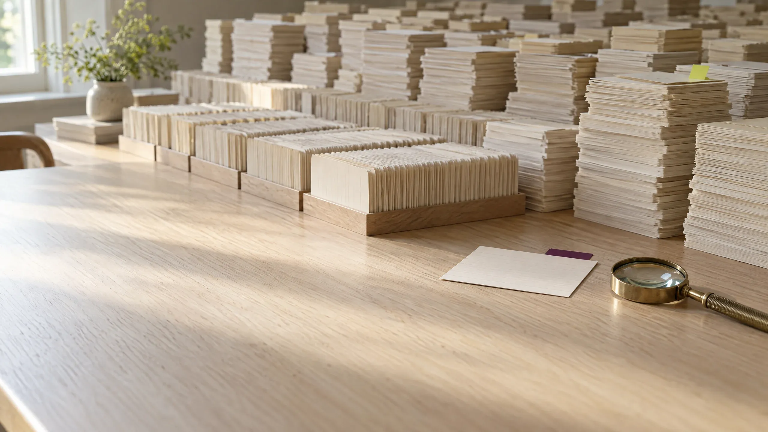 A long oak archive table piled with thousands of cream index cards in trays and tall stacks, with one card pulled out and set apart under a brass magnifying glass, marked with a plum tab.