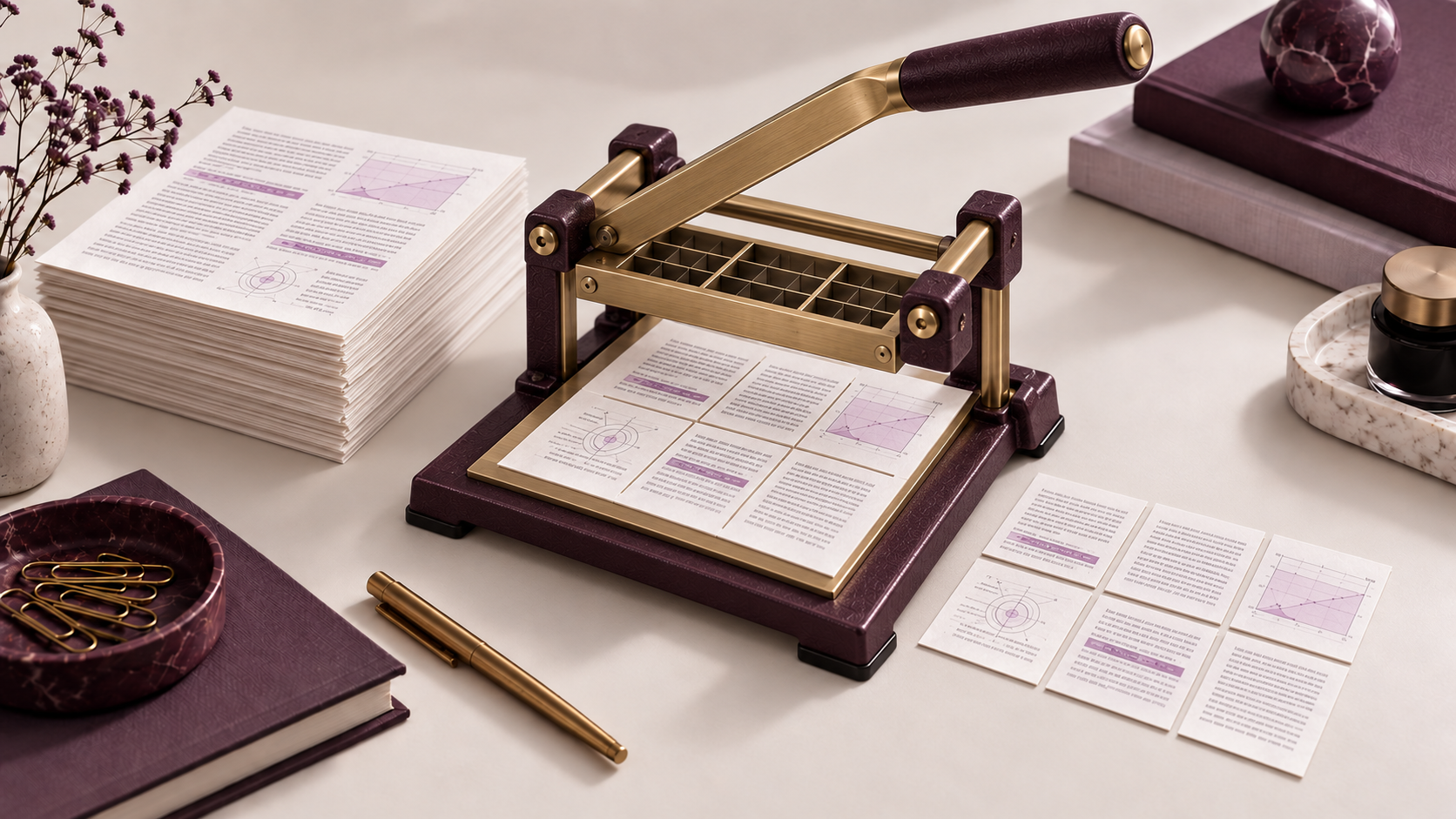A plum and brass cutting press separates a technical document into smaller paper sections, with an uncut stack beside it.