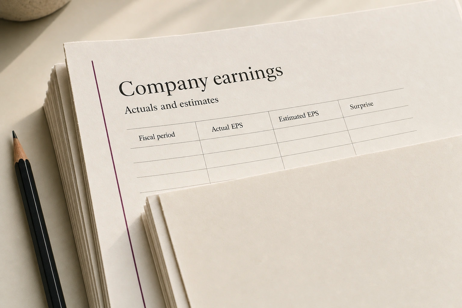 Company earnings data printed on ivory paper: a table labelled fiscal period, actual EPS, estimated EPS, and surprise, with a restrained plum rule and a black pencil.