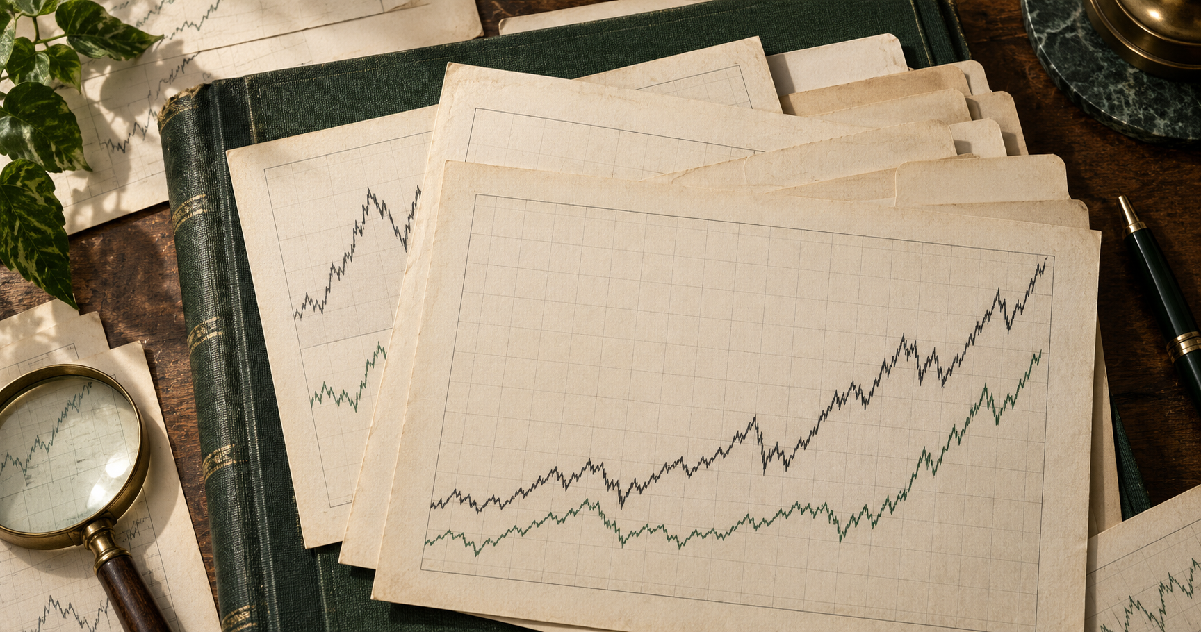 Historical stock-price charts on archival paper over a forest-green financial ledger.