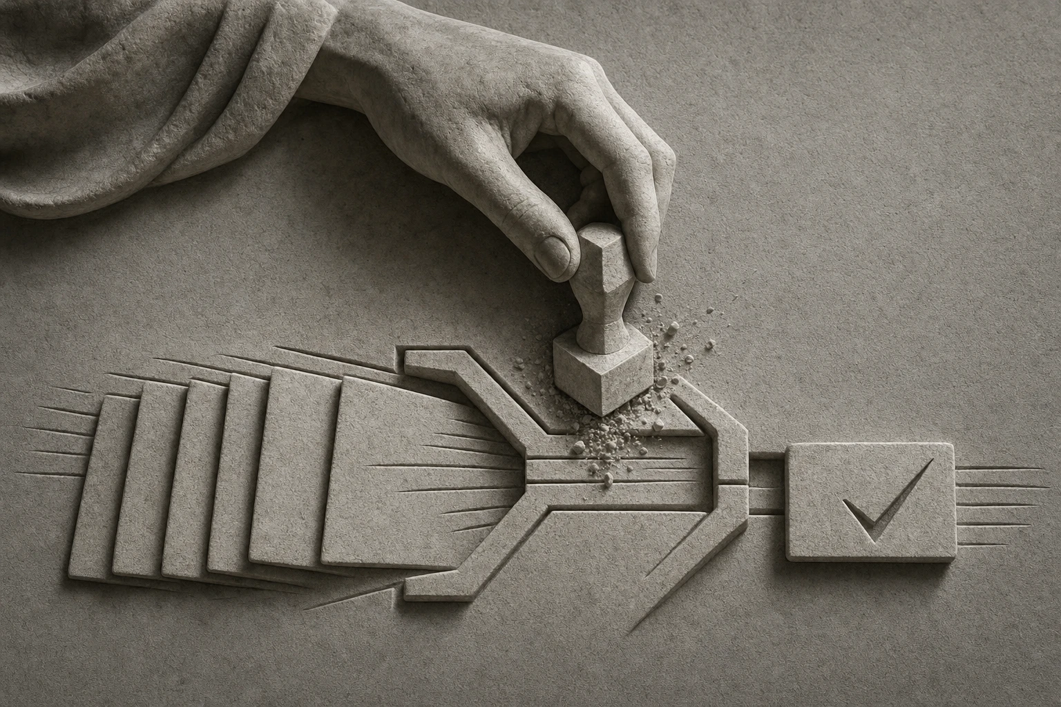 A carved stone hand operates a decision press: several candidate tiles converge through a narrow gate, and a single checked answer tile emerges, illustrating a fast bounded decision.