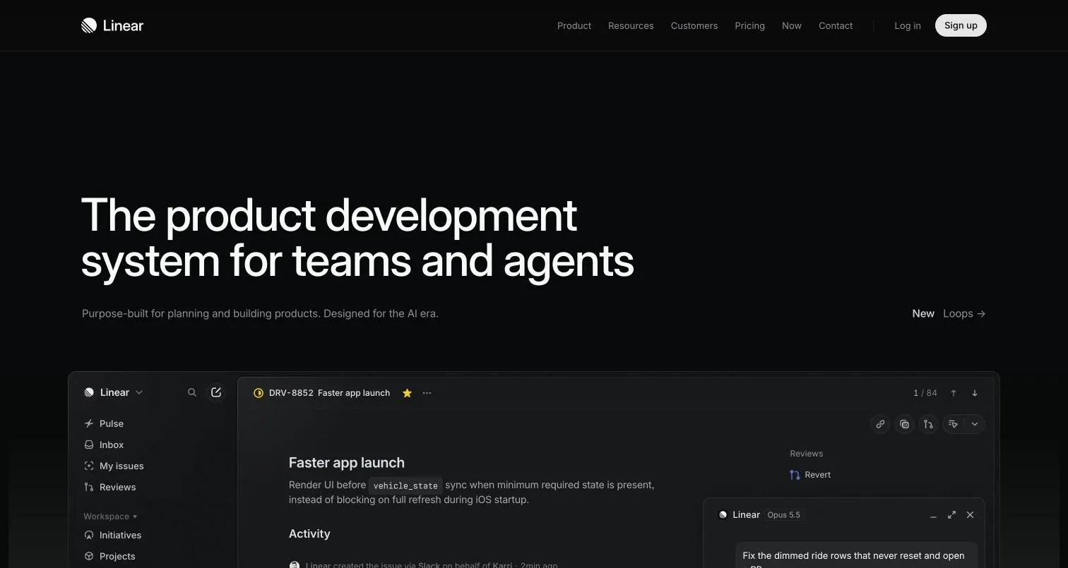 The Linear homepage: a near-black page with off-white Inter headings and a product window.