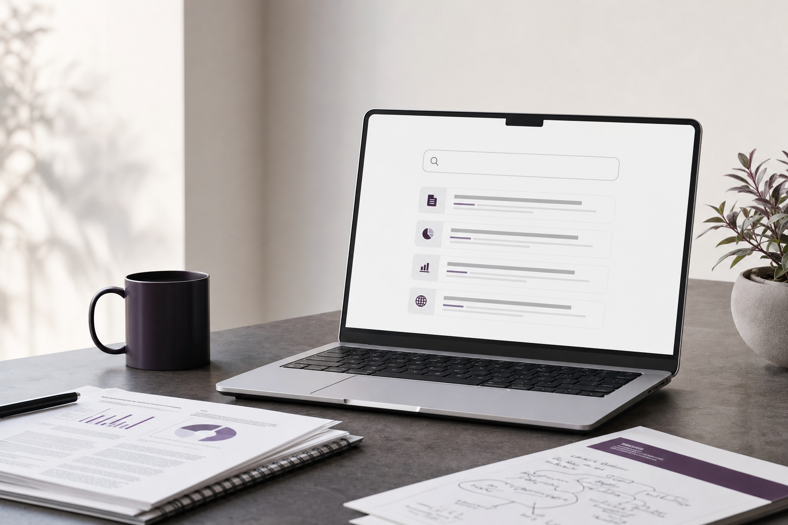 A realistic clean search interface on a modern desk for Linkup alternatives and quality AI search.