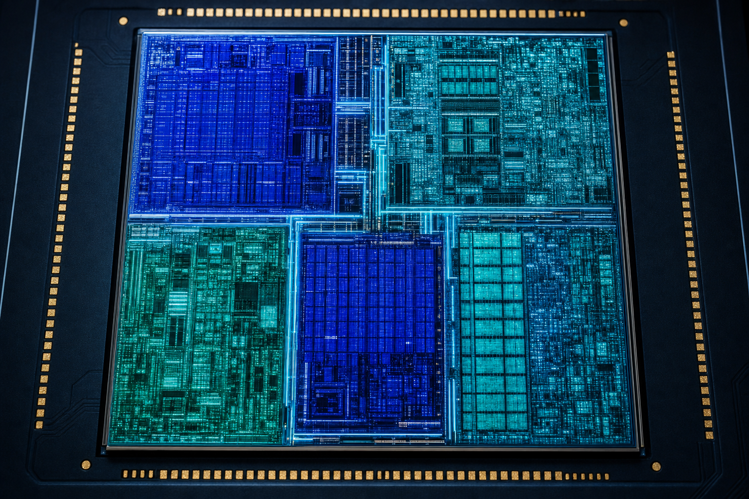Top-down macro shot of a single GPU silicon die partitioned into five distinct glowing functional blocks of different sizes, packed edge to edge to fill the whole die, in deep blue, cyan and teal.