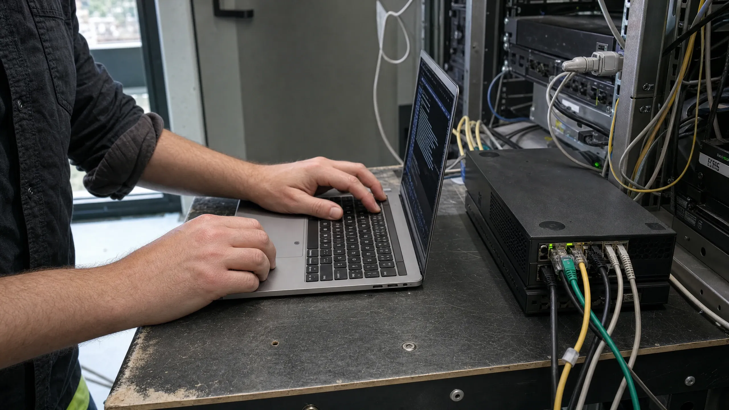 Photographic-style scene of an engineer reviewing a laptop beside connected network equipment during a security check.