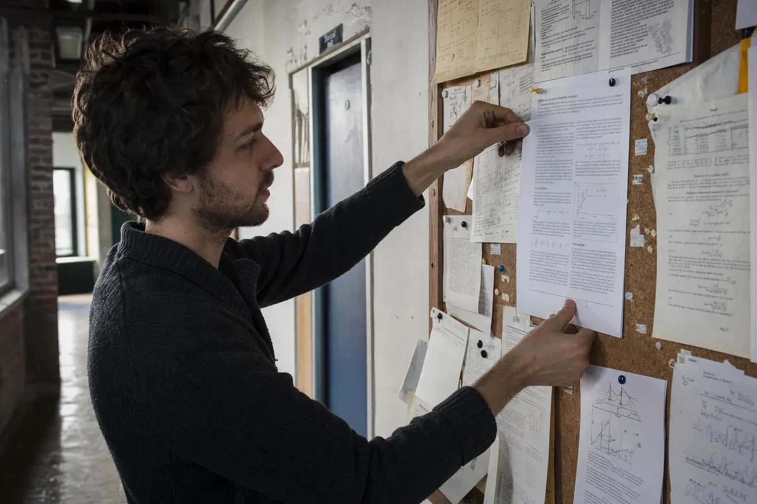 Researcher pinning a freshly printed paper to a university department noticeboard covered with preprints