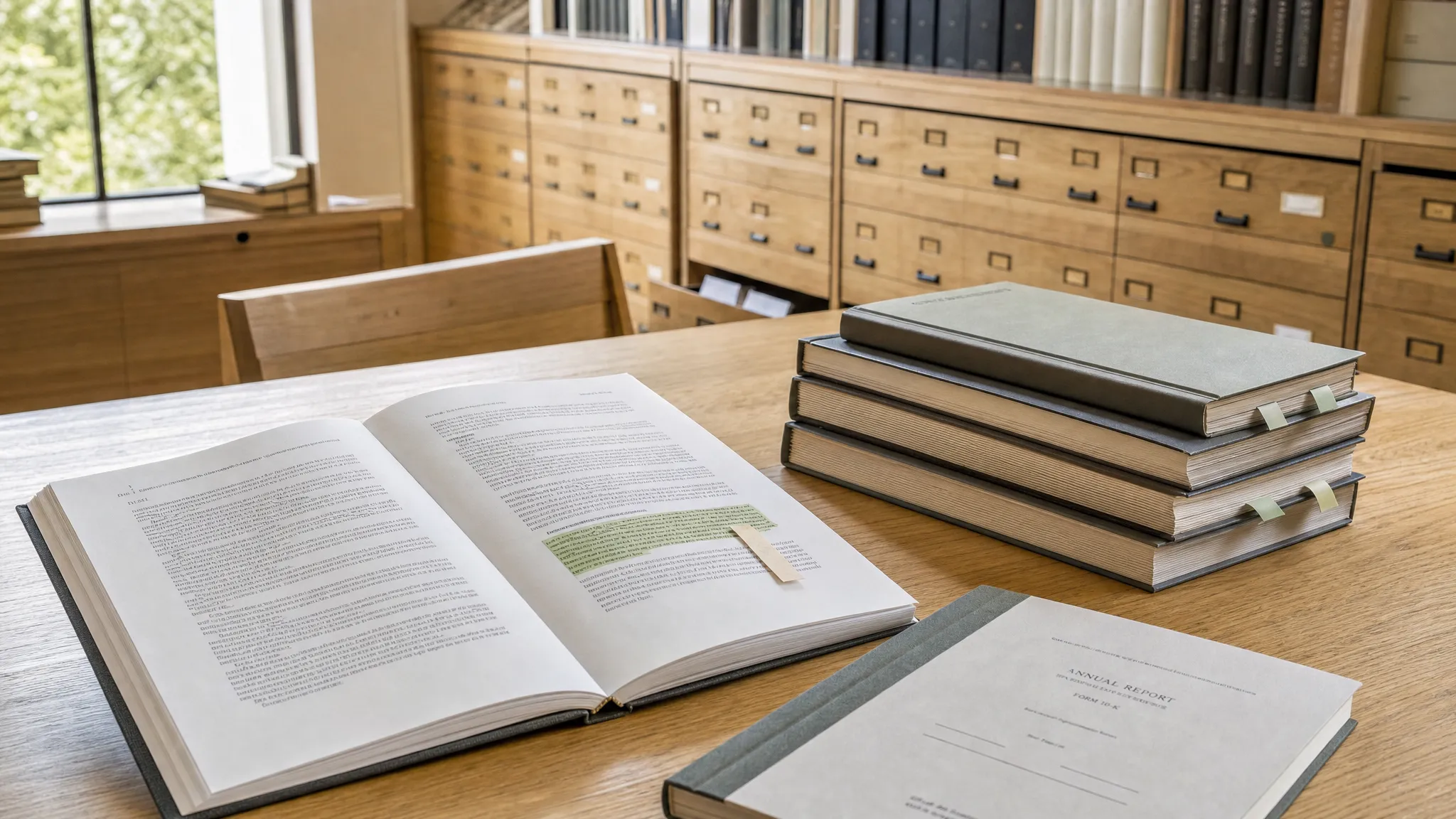 Annual reports in a sunlit records room, with a relevant passage highlighted in an open filing.