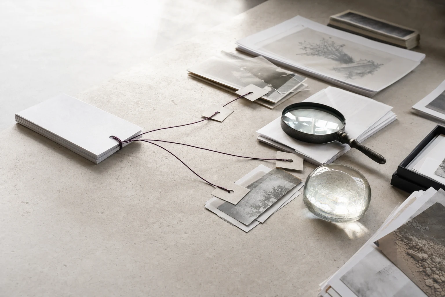 A refined editorial tabletop with source dossiers, tracing paper, a magnifying loupe and plum threads branching between evidence piles.