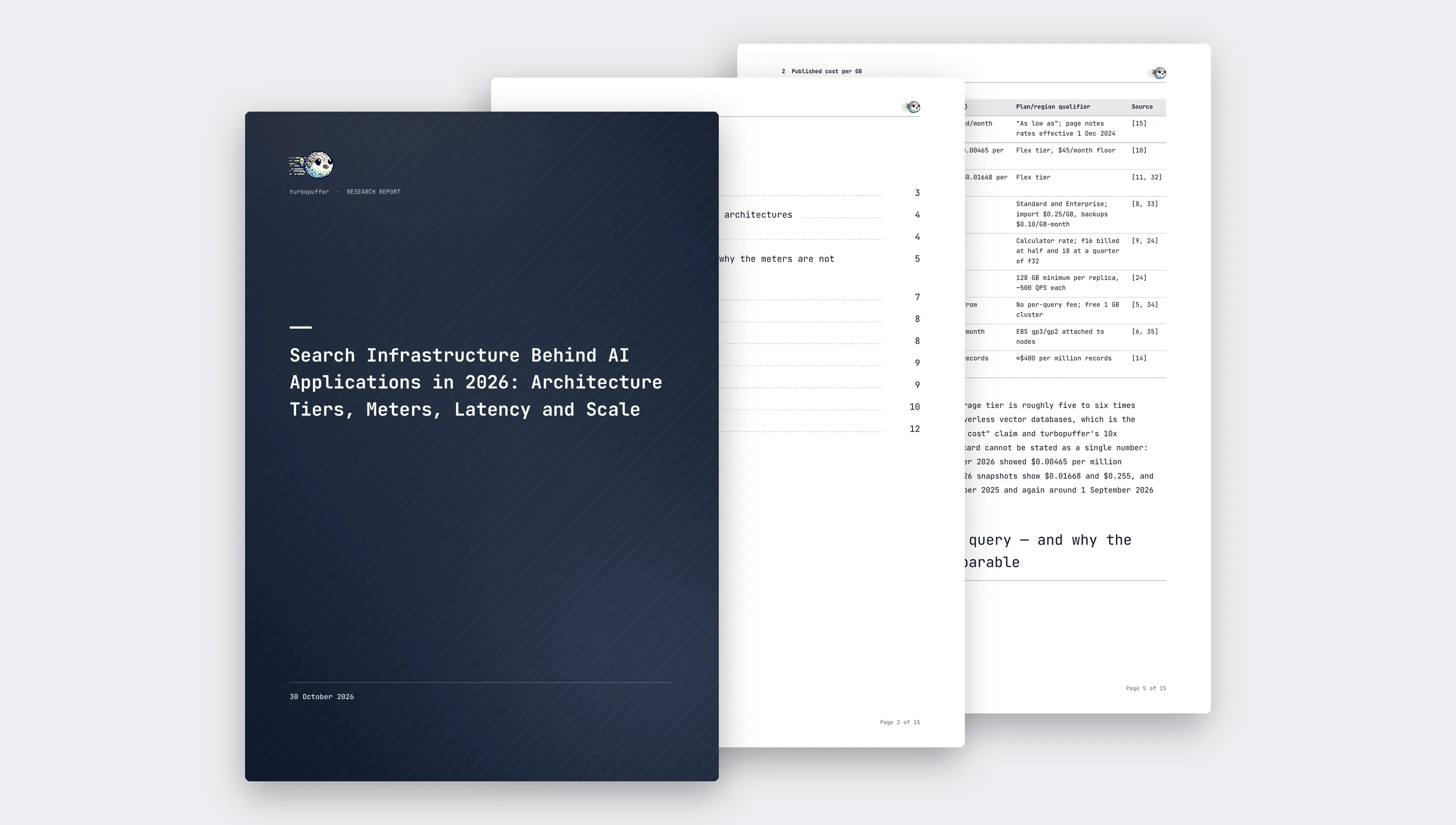 A DeepResearch report made with the turbopuffer brand kit: the navy cover with the full-colour puffer in front, with the contents and cost-table pages behind.