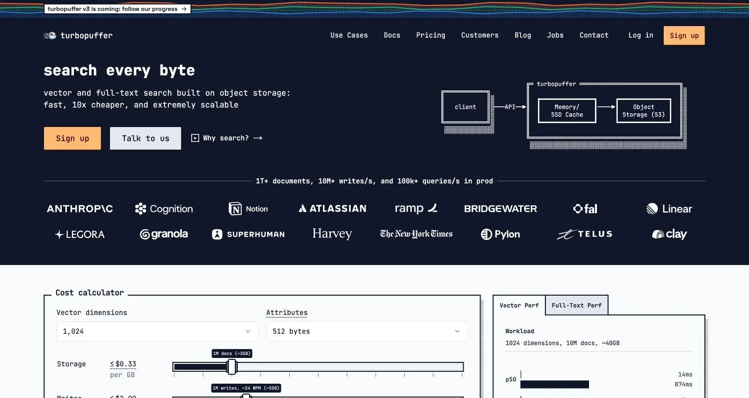The turbopuffer homepage: a dark navy header with monospaced type, an architecture diagram and orange sign-up buttons.