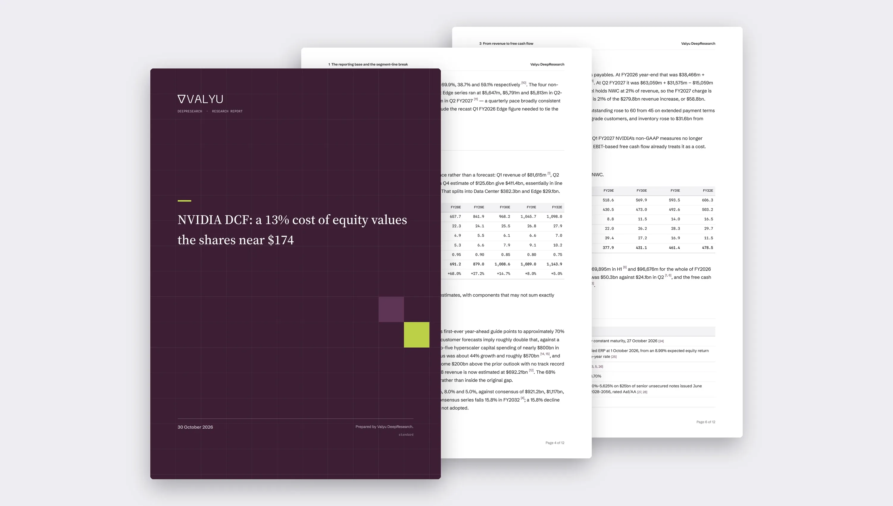The NVIDIA DCF report in the Valyu style: the plum cover in front, with the revenue build and free cash flow pages behind.